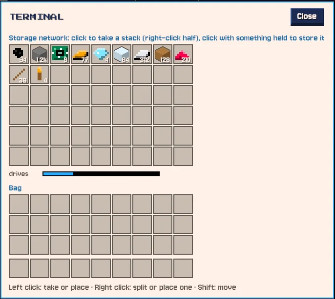 The Terminal screen: the storage network's items as slots, with a drive usage bar and the player's bag below.