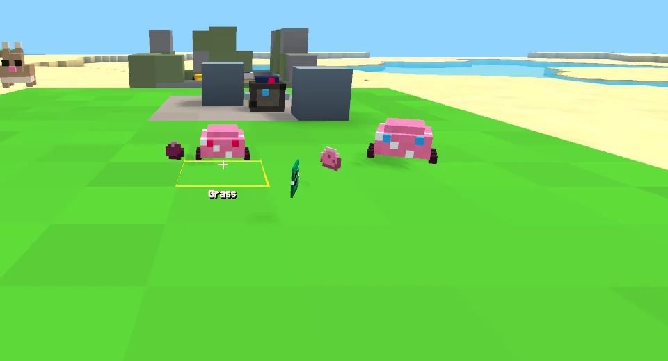 Pink crawlers and a rabbit on grass near a crashed drone, with items dropped on the ground.